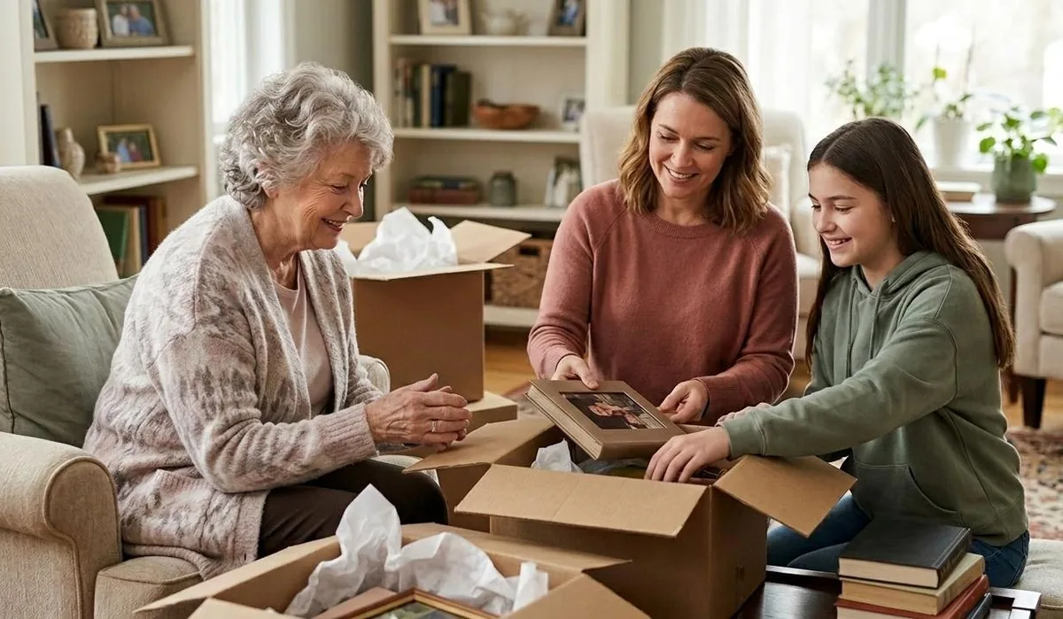 A grandmother, her daughter and granddaughter sorting framed photos into moving boxes
