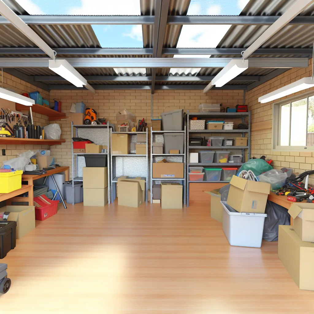 Garage filled with unlabelled boxes, tools and sporting gear stacked on the floor before organising