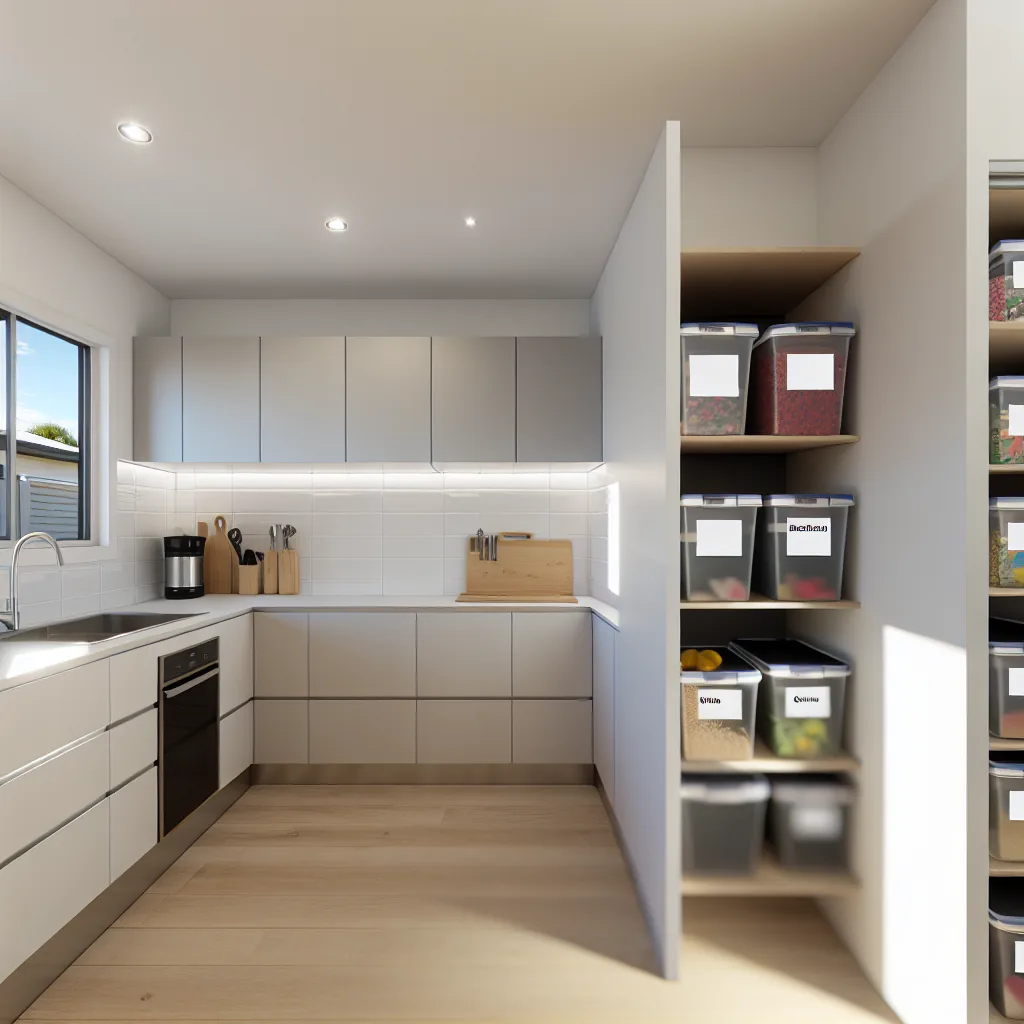 The same kitchen with clear benchtops and a pantry sorted into labelled clear containers