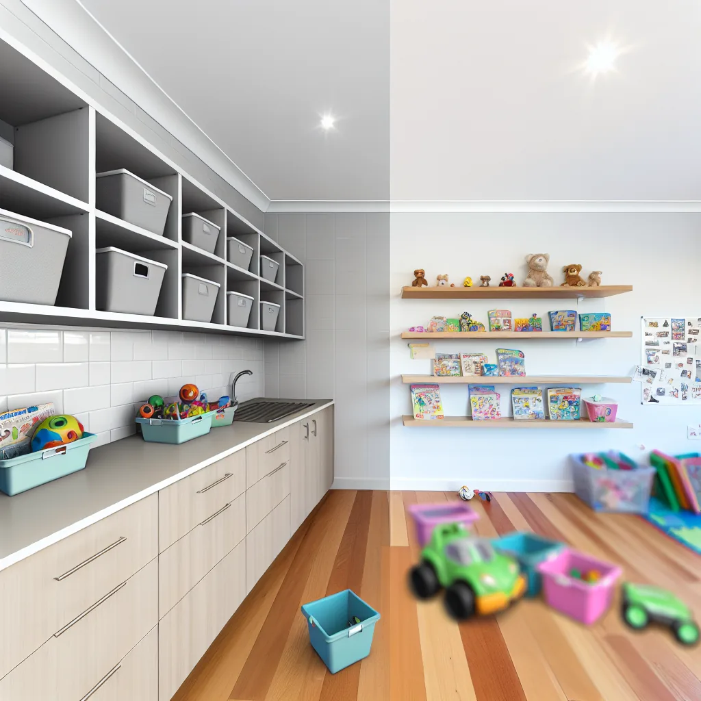 Kitchen benchtops and pantry shelves covered in mixed packets, appliances and clutter before organising