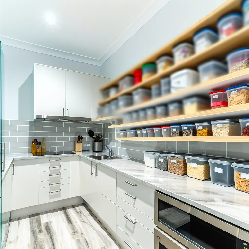 The same kitchen after organising, with clear surfaces and tidy, zoned cupboards