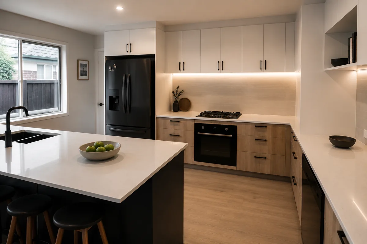 Compact modern kitchen with clear benchtops and organised cabinetry