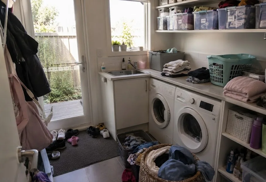 Cluttered laundry before professional organising