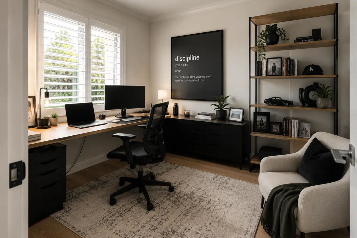 Home office desk with a clear surface and a simple filing system