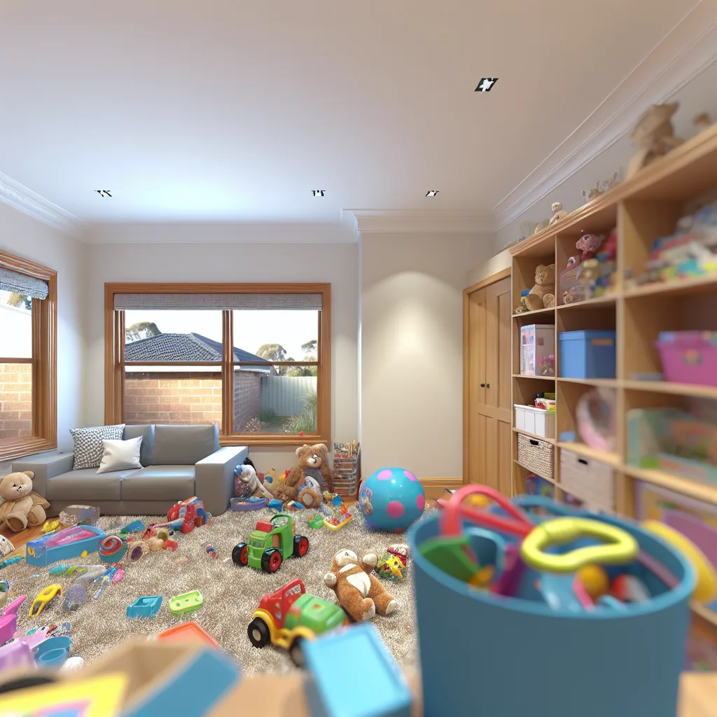 Playroom with toys covering the floor and overflowing storage boxes before organising