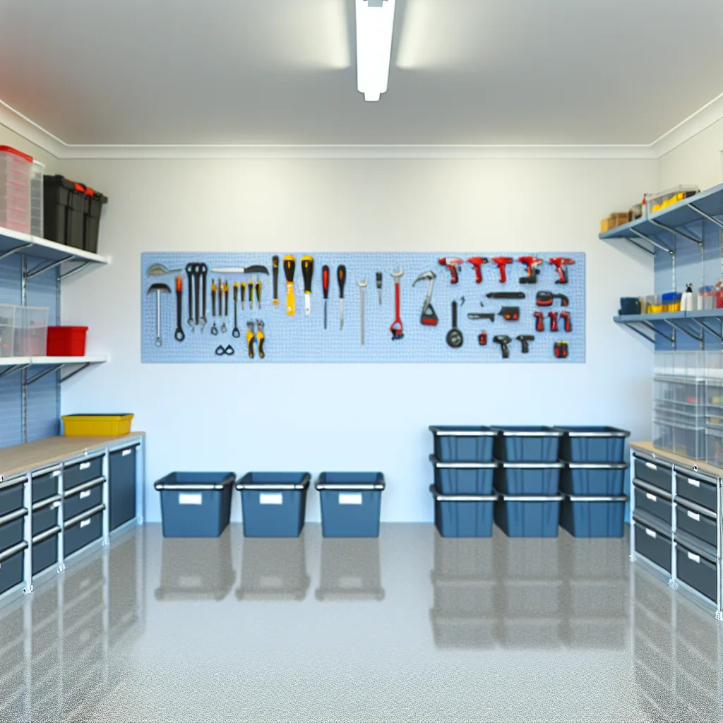Garage organised with wall racking and labelled storage cubes