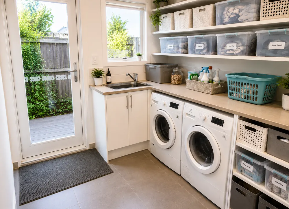 Laundry with labelled baskets and clear bins on open shelving above the washer and dryer