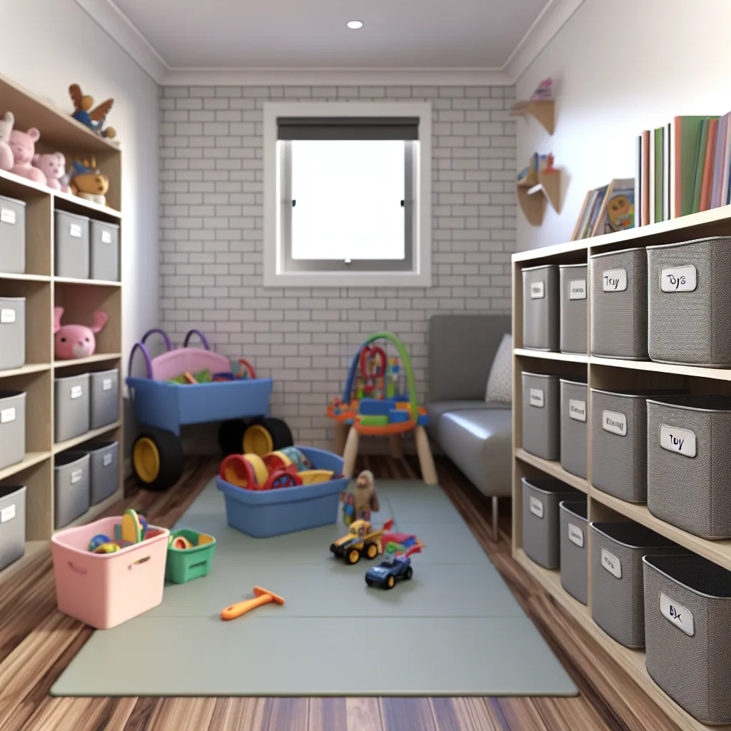 Playroom with low open shelving and labelled toy bins children can reach