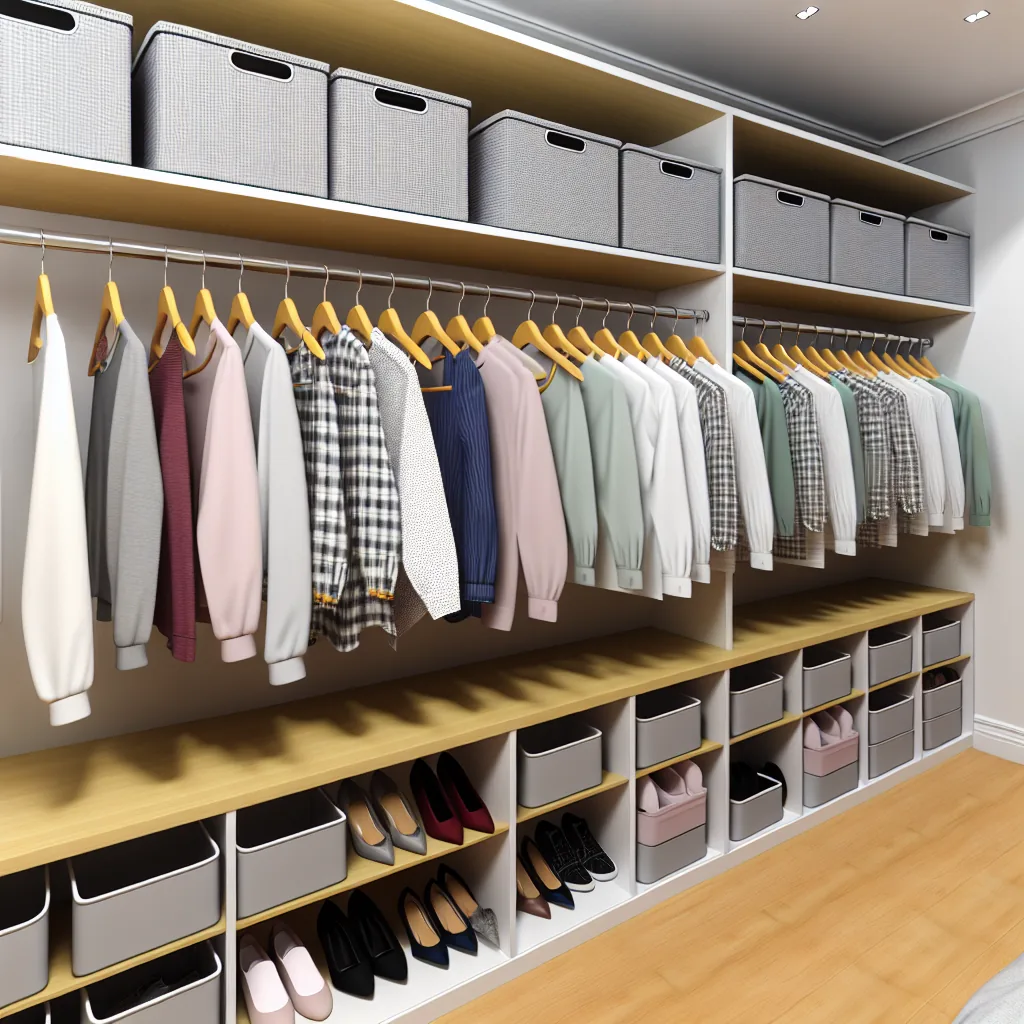 Wardrobe organised by category with matching hangers and visible folded stacks