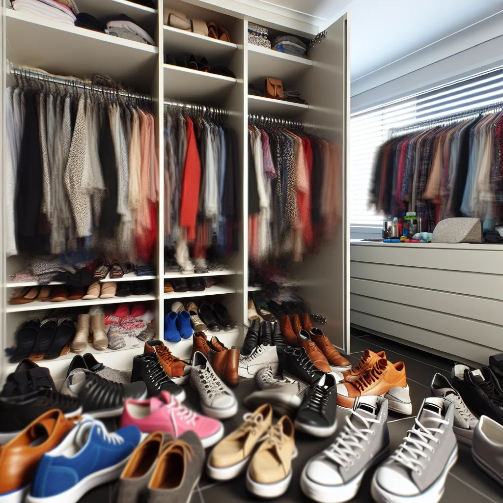 Overcrowded wardrobe with mismatched hangers and clothes stacked on shelves before organising