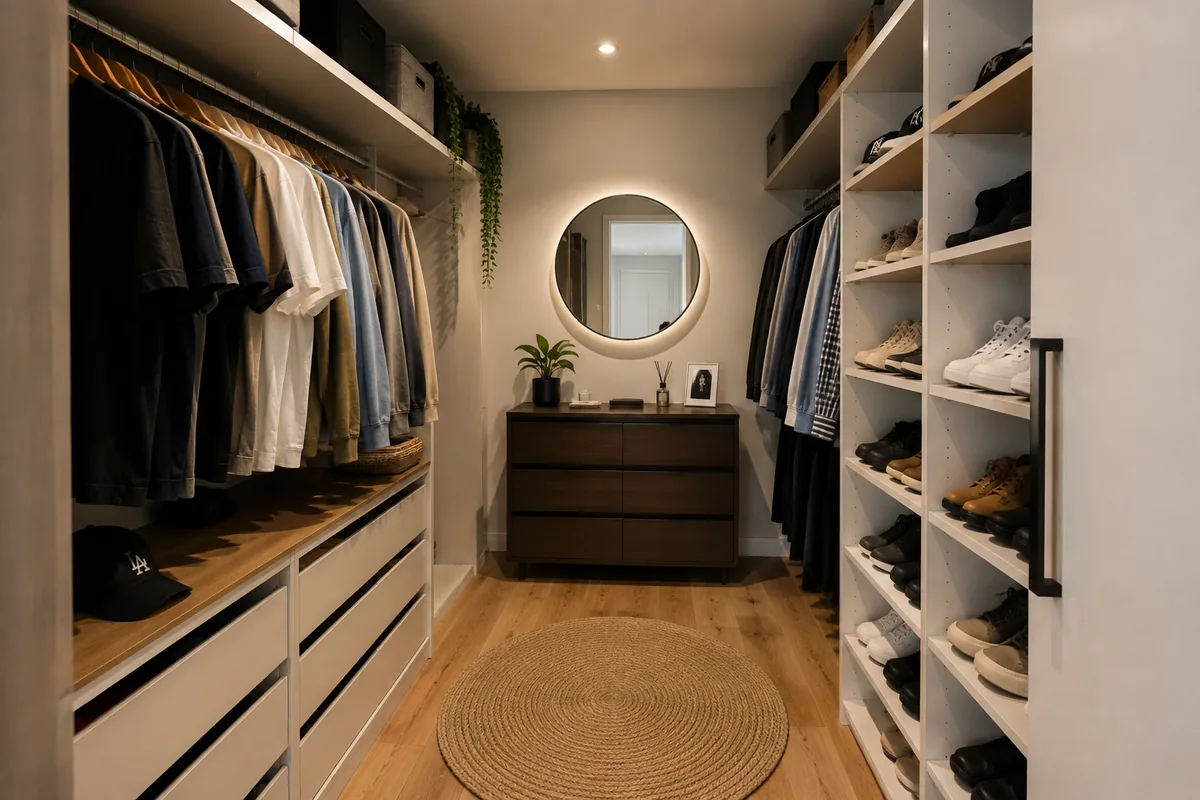Walk-in wardrobe with simple, accessible storage organised by category